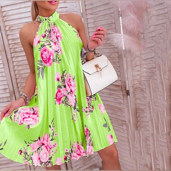 Elegant Lime/Mint and Pink Floral Pleated Dress, NWOT - Picture 3 of 4